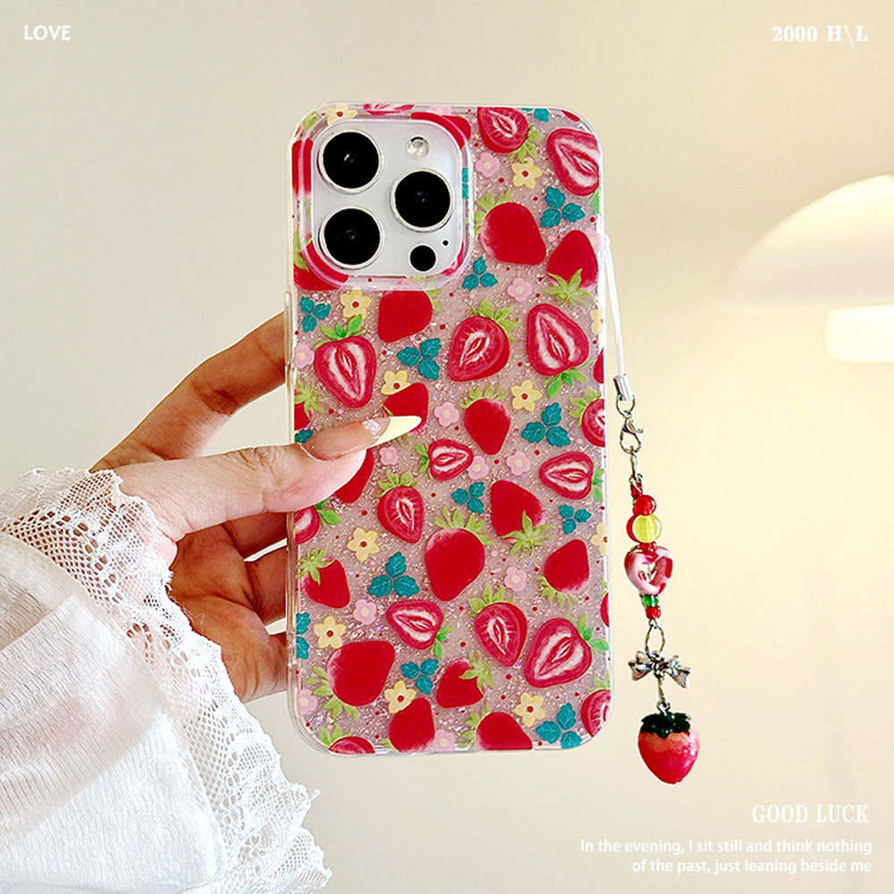 Full screen strawberry glue glitter suitable for iphone17 anti-fall mobile phone case apple 16promax anti-fall protective cover