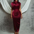 D261  european and american women's clothing  new elegant sheer dress long slit pleated cross-border dress
