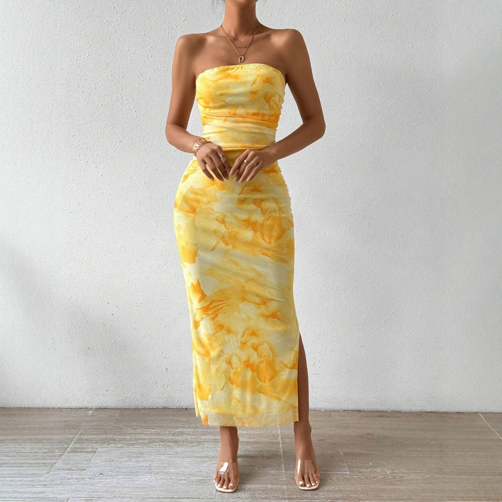 women's tk mesh printingdress spring and summer new arrivalhigh waist silm slit tube top hip skirt