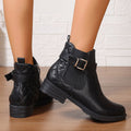 Women's ankle boots - spring, autumn, and winter collection - comfortable chunky heel, low heel, versatile belt buckle, plaid design, ladies' leather boots