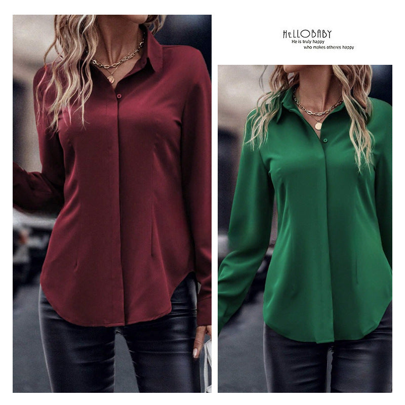 Button-down women's blouse, double-breasted satin collar long sleeve top, commuter style slim-fit cardigan, cross-border women's apparel