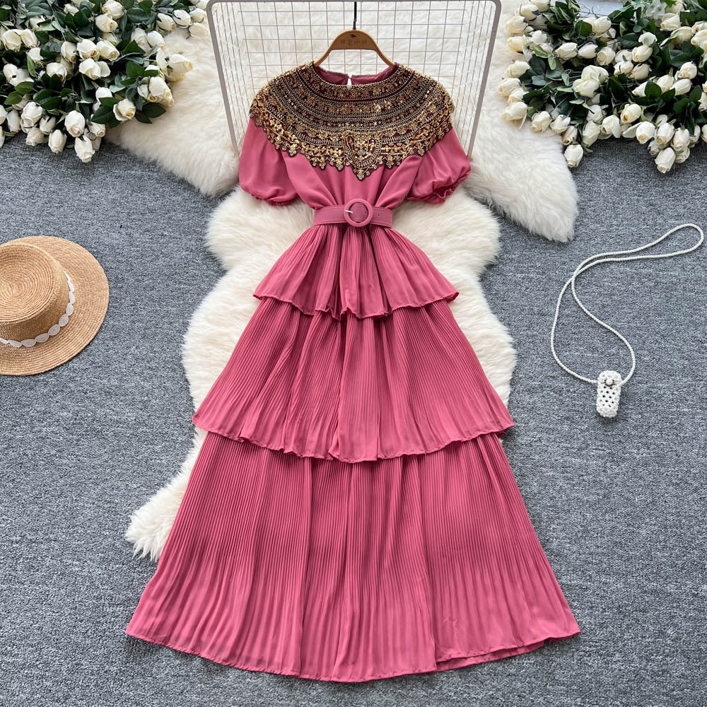 Palace style accessible luxuryclassy puff sleeve dress for women summer heavy industry sequin design beautiful elegant cake long skirt