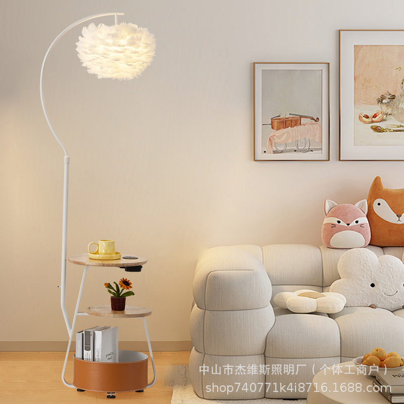 Cream style double layer storage fishing floor lamp gentle white feather lampshade living room sofa side lamp