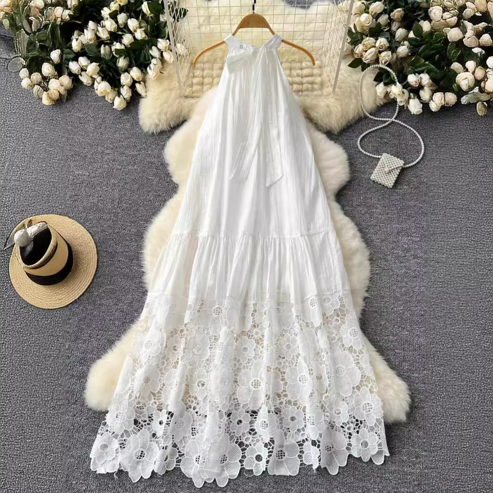 White fairy dress 2024 summer new arrival - high-end sleeveless halter neck lace patchwork loose elegant maxi dress