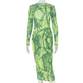 European and american style cross-border printed elegant women's fitted retro bodycon dress with high neck and long sleeves - new green autumn/winter dress