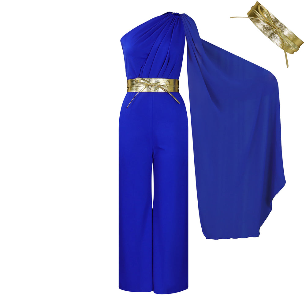Women's long pants - spring/summer  new arrivals: fashionable and elegant asymmetrical neck, patchwork pleated, high-waisted african jumpsuit for office ladies