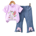 New girls' summer outfit: cartoon cute pattern short-sleeve top + bowknot denim shorts two-piece set - wholesale