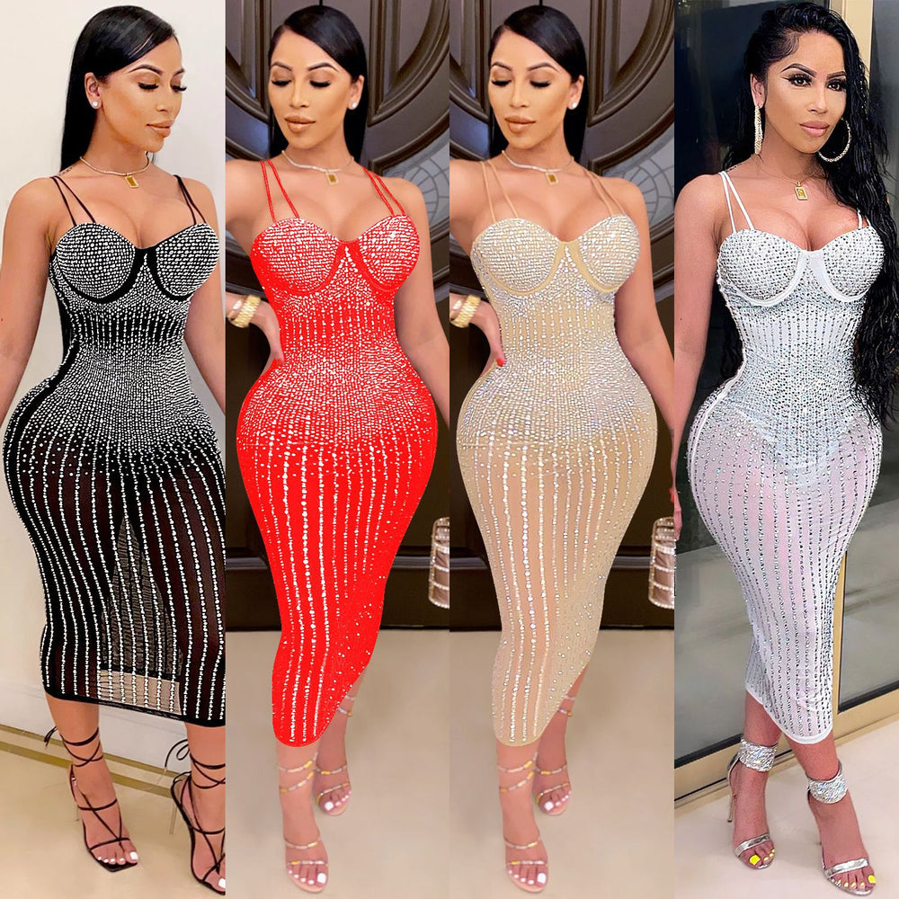X3805 cross-border new arrival: european and american fashion women's party nightclub mesh see-through rhinestone embellished strappy dress