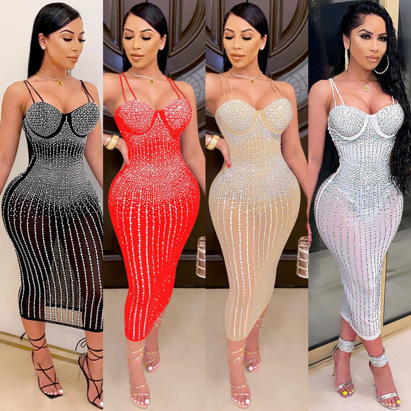 X3805 Cross-border New Product European and American Fashion Women's Clothing Party Nightclub Mesh Perspective Hot Diamond Diamond Suspender Dress