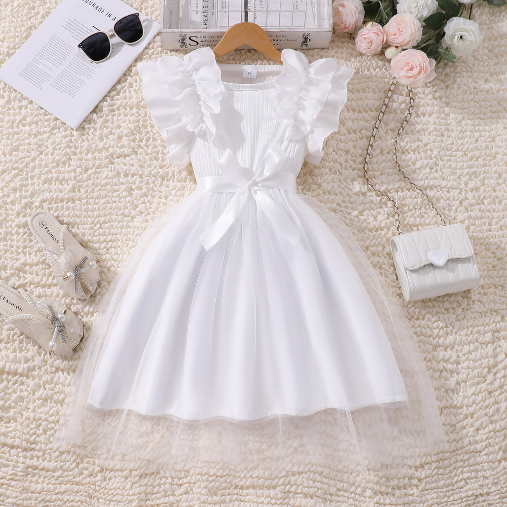 Girls' plus/minus size dress, ruffle flutter sleeve ribbed knit mesh round neck summer casual dress