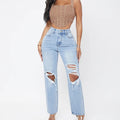 European and american women's jeans: new  street style straight-leg trousers, high-waisted, washed and distressed denim