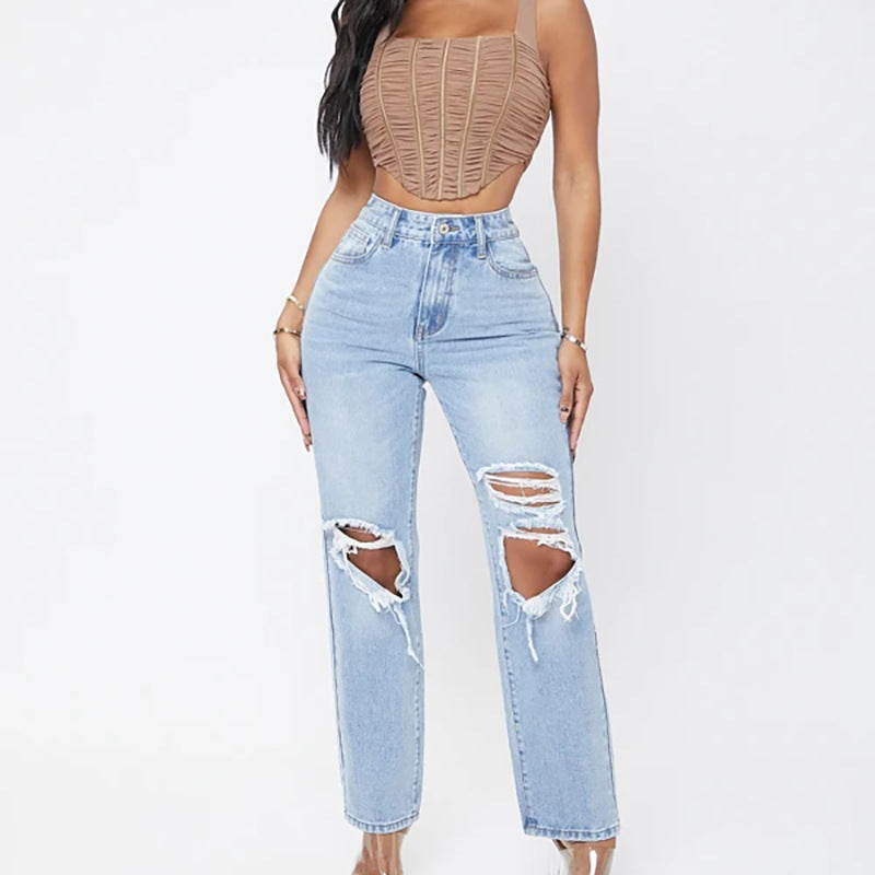 Customized ripped jeans for women,  new fashion high-waisted ripped loose straight-leg washed denim jeans