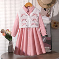Girls' two-piece set: pink shirt dress + bow-embellished vest