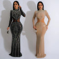 C6863 cross-border   fashion women's solid color mesh rhinestone long dress
