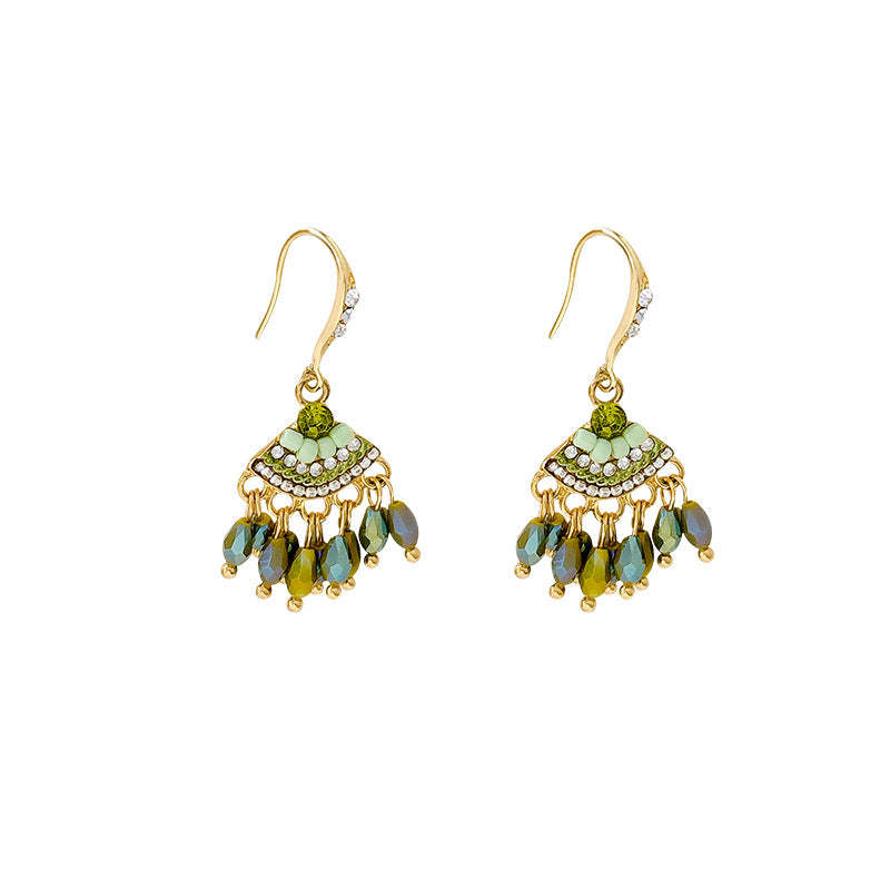 Bohemian green crystal tassel ear cuff earrings - unique designer studs for a beachy getaway