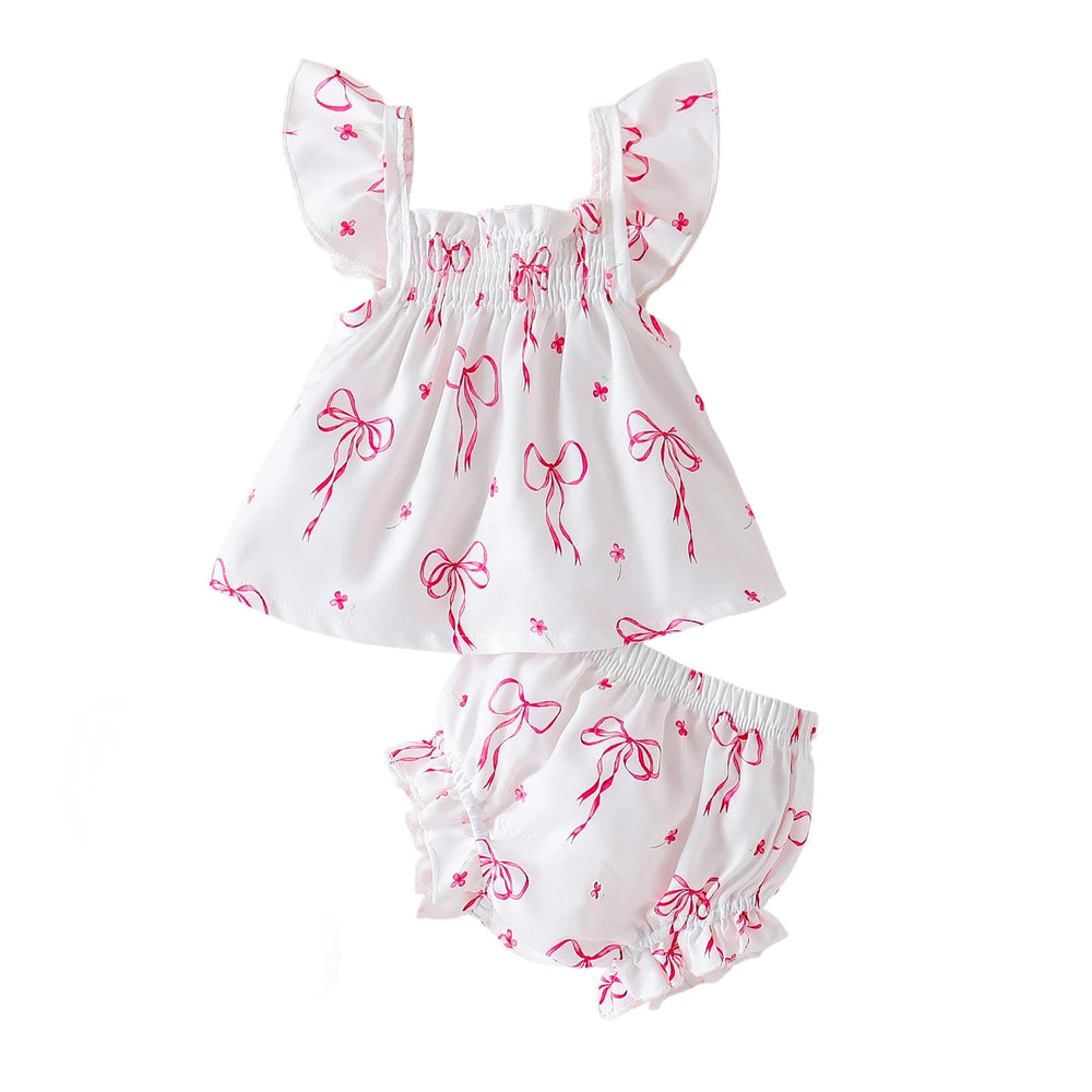 European and american summer new arrival: baby girl flutter sleeve bow print loose-fit children's pajama set - comfortable and cool