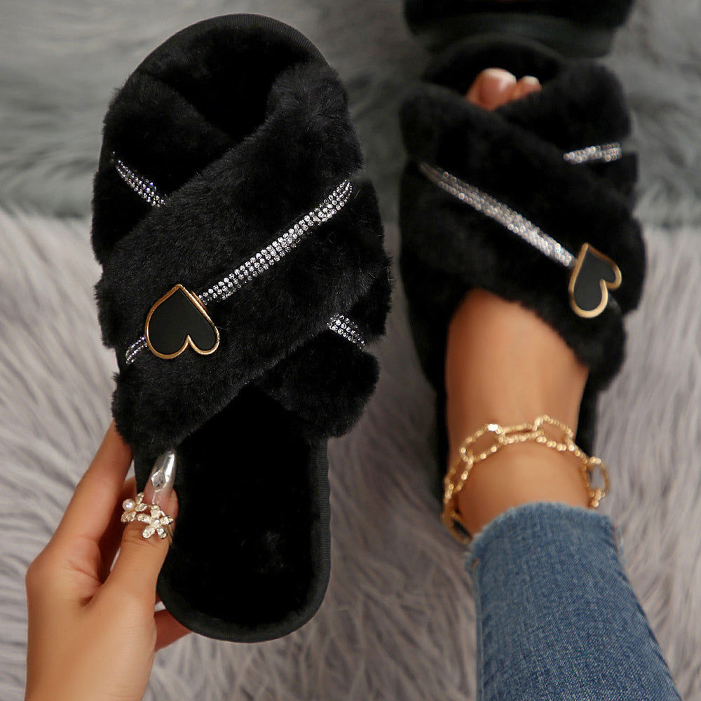 plus size cotton slippers for women fall and winter peach heart home indoor soft bottom rhinestone cotton slippers family cross furry slippers