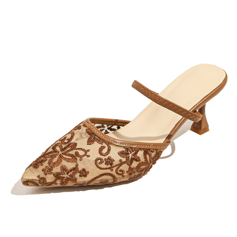 export women's shoes 2026 summer new mesh embroidered pointed toe stiletto heel elegant closed-toe high heel mule sandals