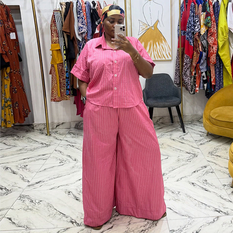 European and american style women's  autumn new striped turn-down collar short-sleeve shirt and high-waisted wide-leg pants fashion casual set