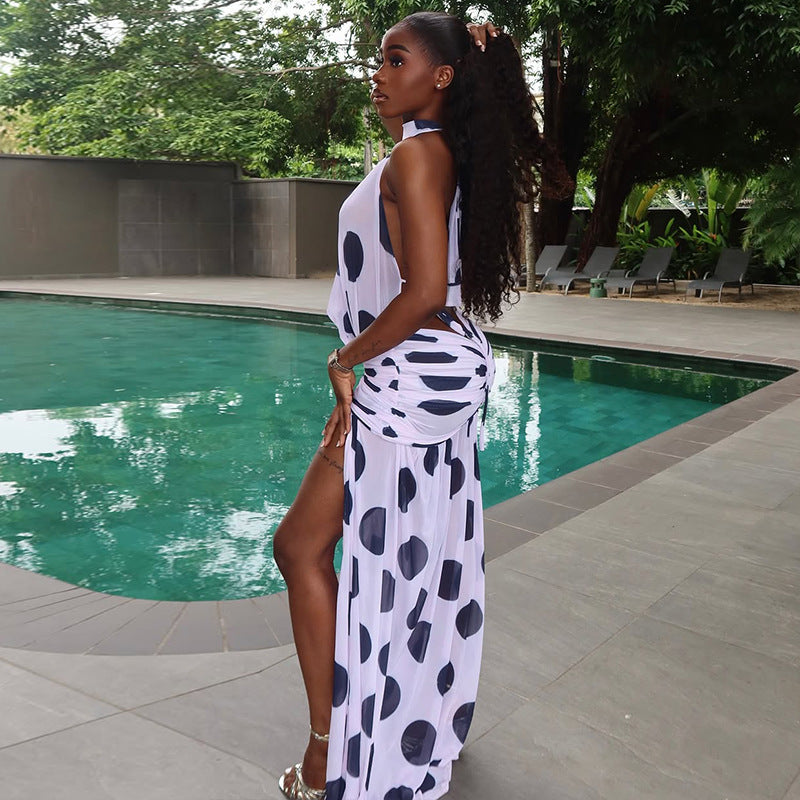 European and american style cross-border black and white polka dot women's slit print streetwear irregular high neck tie backless dress