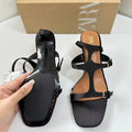 Za2025 new spanish black women's fashionable low-cut open-toe back-tie stiletto thong heel sandals
