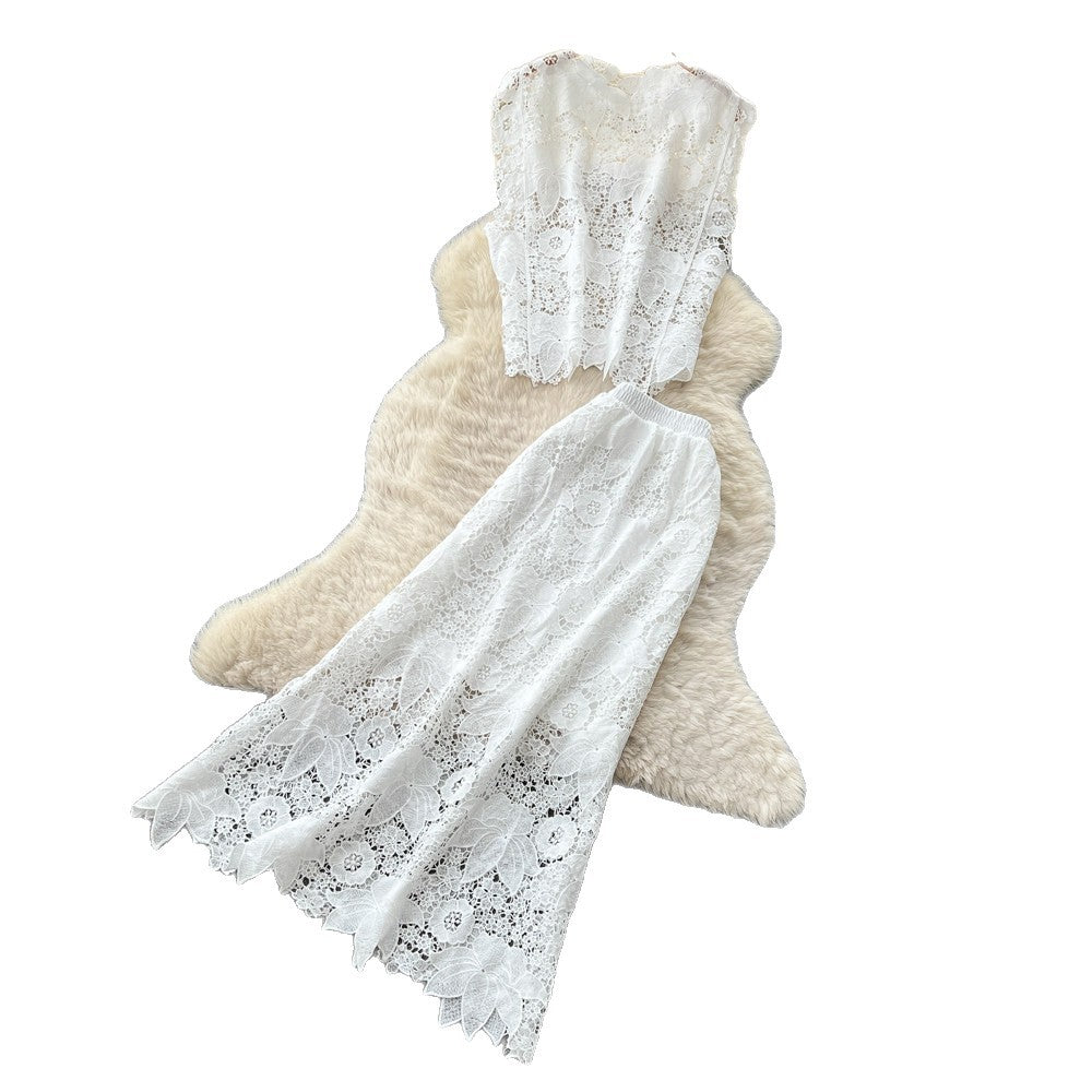 Elegant, age-defying, and perfect for the office: a white lace two-piece set for women. this summer's must-have features a figure-flattering, high-waisted design that exudes sophistication and grace
