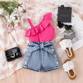new cross-border fashion: european and american summer girls' one-shoulder cami top + denim butterfly shorts three-piece set