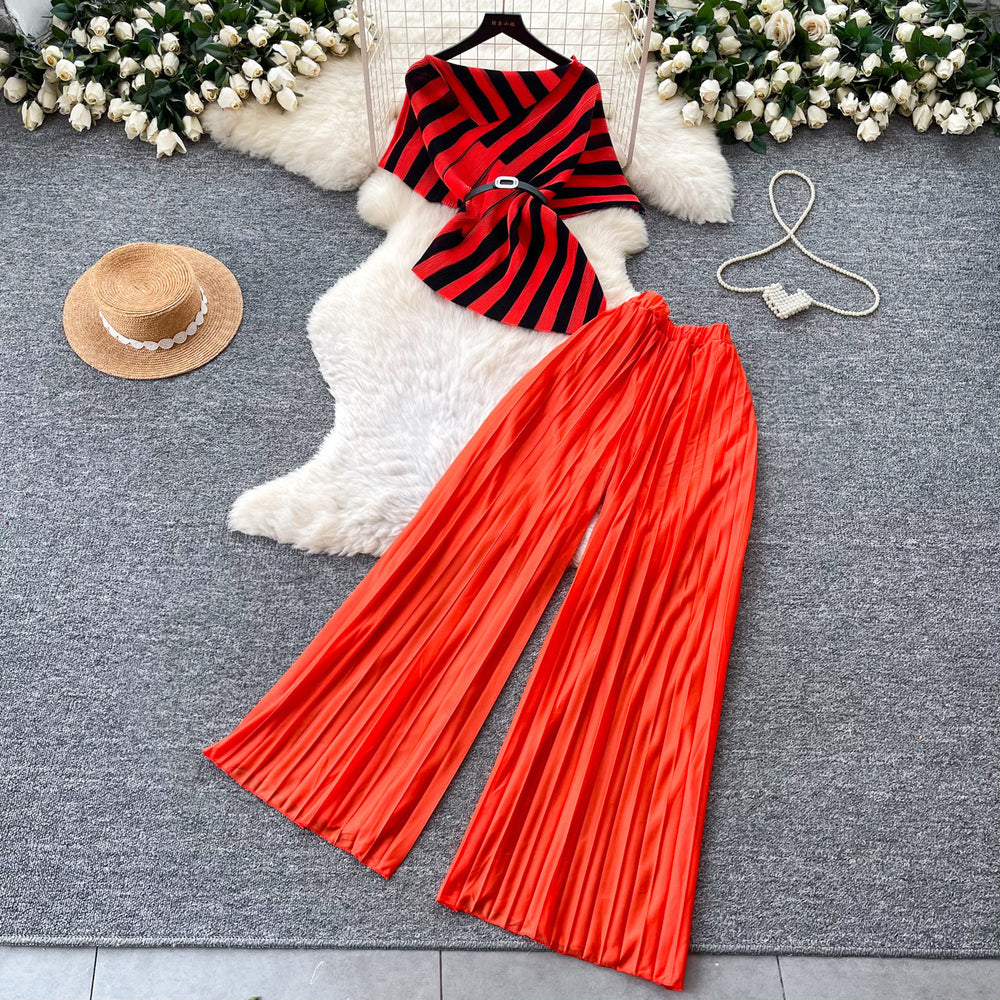 Light mature style stripestopshigh waistpleatedloose pants women's summerasymmetricalslimming lookeleganttwo-piece setwork clothing