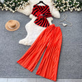 Light mature style stripestopshigh waistpleatedloose pants women's summerasymmetricalslimming lookeleganttwo-piece setwork clothing