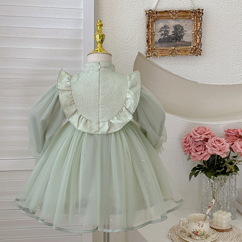 Girls' dress  spring new arrival: modern chinese style frog closure children's birthday dress, fluffy princess tutu with trendy mesh overlay