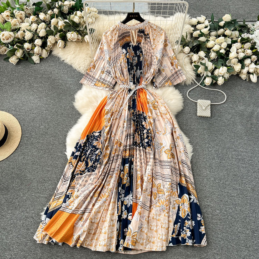 European style plus size women's high-end printed, heavily beaded, pleated long formal dress with pleated skirt - elegant women's dress