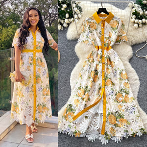 French romantic floral embroidered a-line dress - women's exquisite water-soluble lace, high-end long dress, elegant and chic