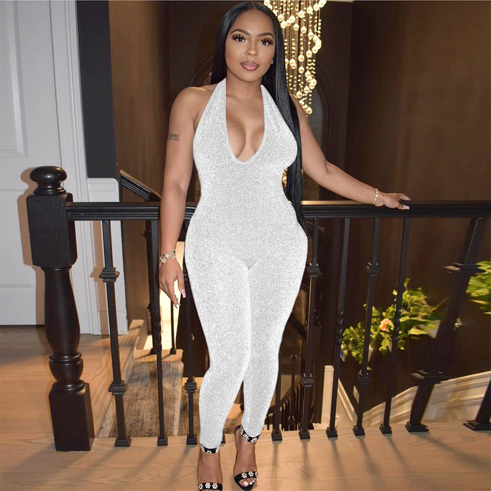 S390466  cross-border fashion sexy silver thread stretch sleeveless halter bodysuit for women