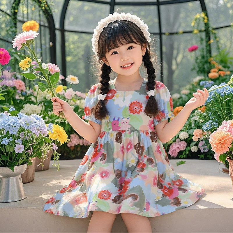 Girls' summer floral dress - trendy bubble sleeve sundress for kids - stylish cartoon print dress