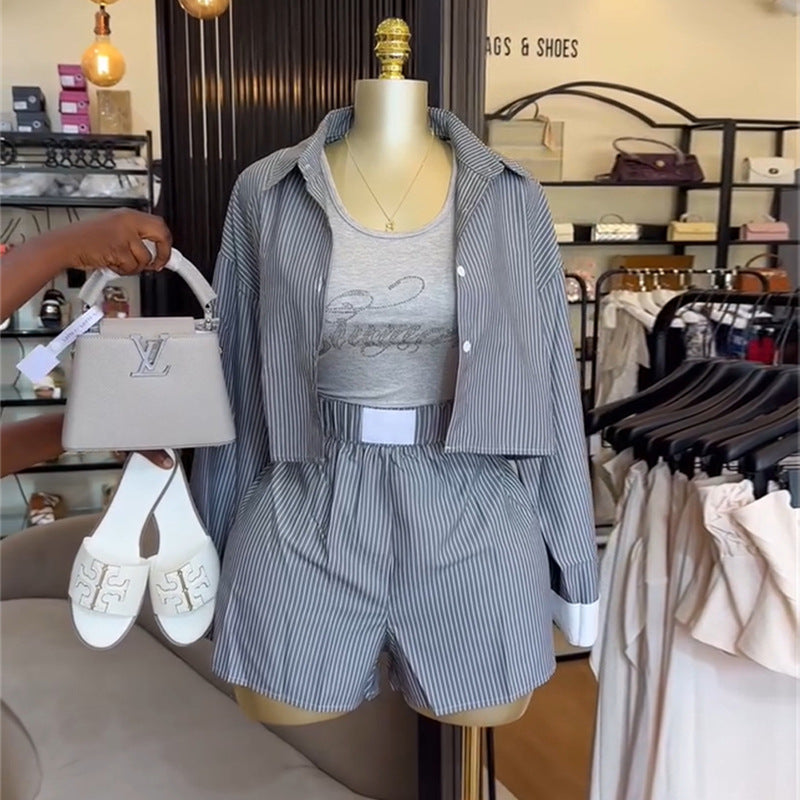 European and american style women's clothing  autumn new collection: sweet and fresh striped turn-down collar short-sleeve shirt and high-waisted slimming shorts two-piece set
