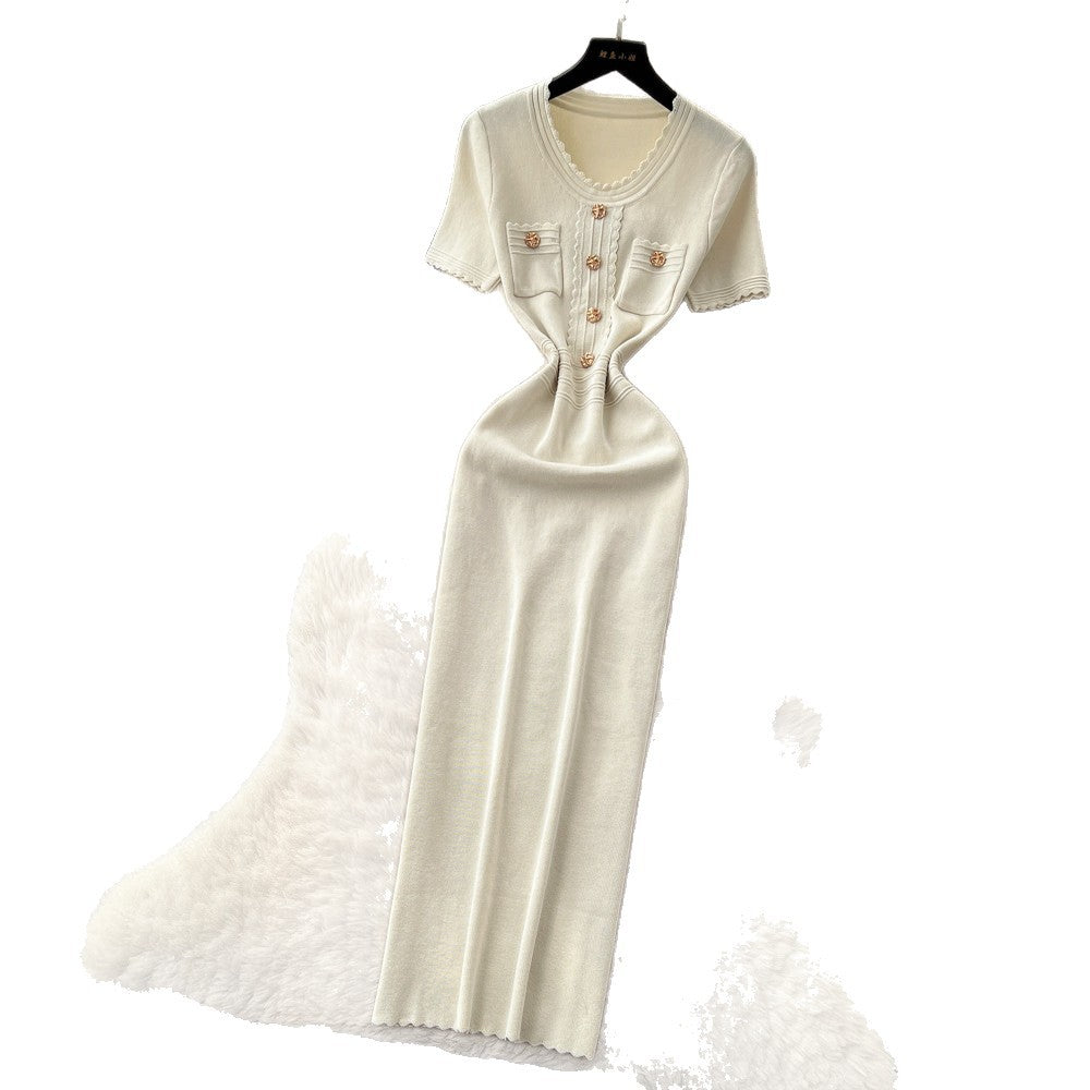 Light mature style white a-line short-sleeved dress for women summerk-style high waist waist work clothingfrench gentle style long skirt
