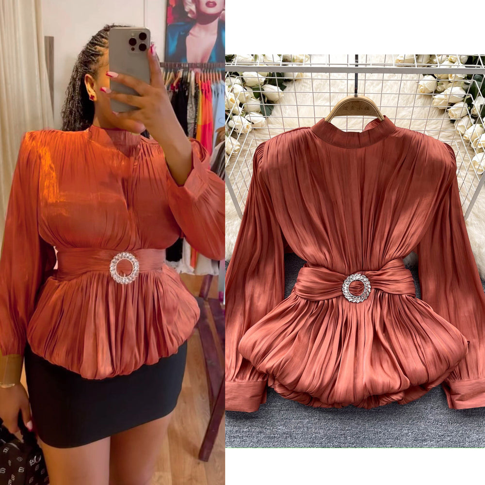 Classy french waist shirt for women with careful strap design and unique pleated ruffle hem frenchtops