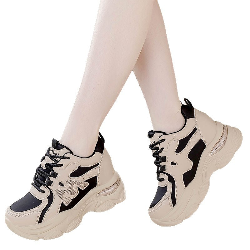 Women's shoes 2025 heightened new spring and autumn versatile little white shoes soft leather heightened sports platform casual dad shoes women