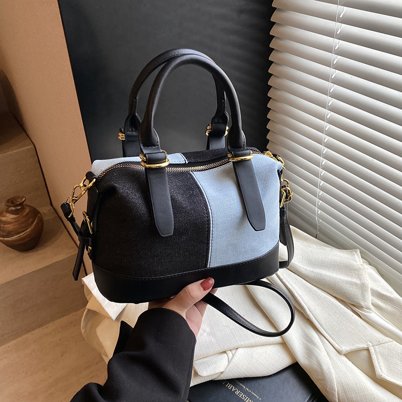 Foreign order denim bag women's versatile 2025 new casual messenger bag contrasting color portable Boston bowling bag
