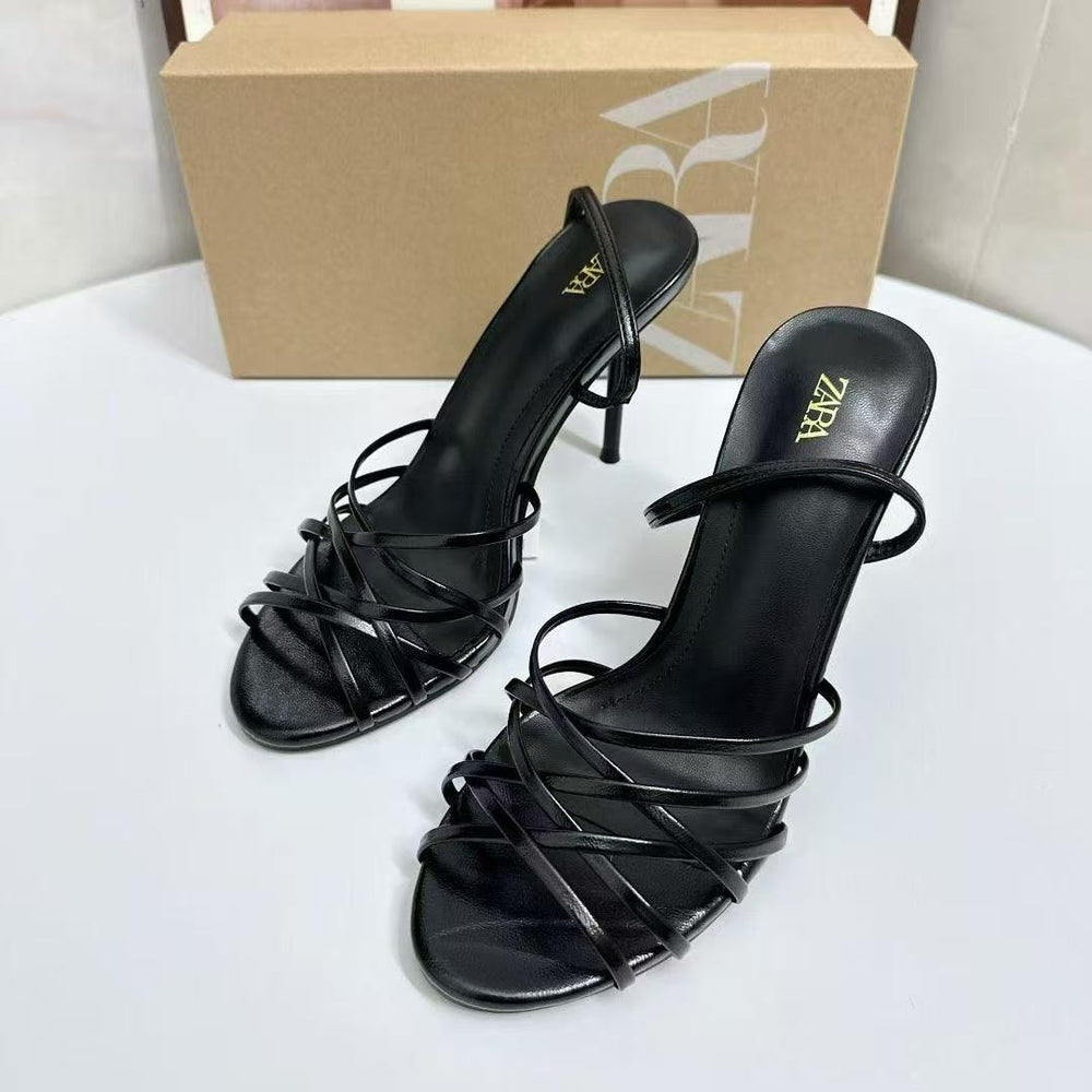 Za summer 2025 new thin strap leather high heel sandals - women's braided strap decorated stiletto heel sandals - fashionable and versatile style