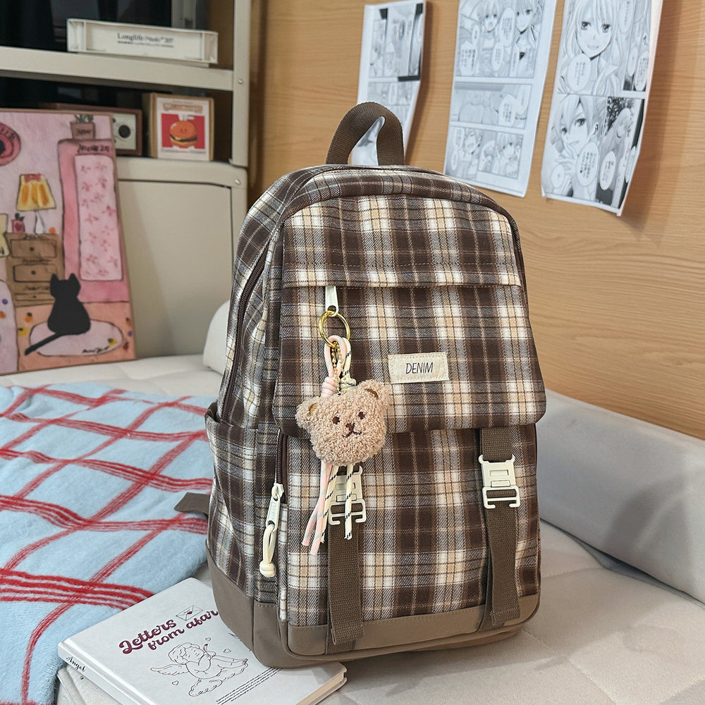 Vintage mori girl style plaid backpack - high school girl's chic rucksack - korean style large capacity fashionable versatile backpack
