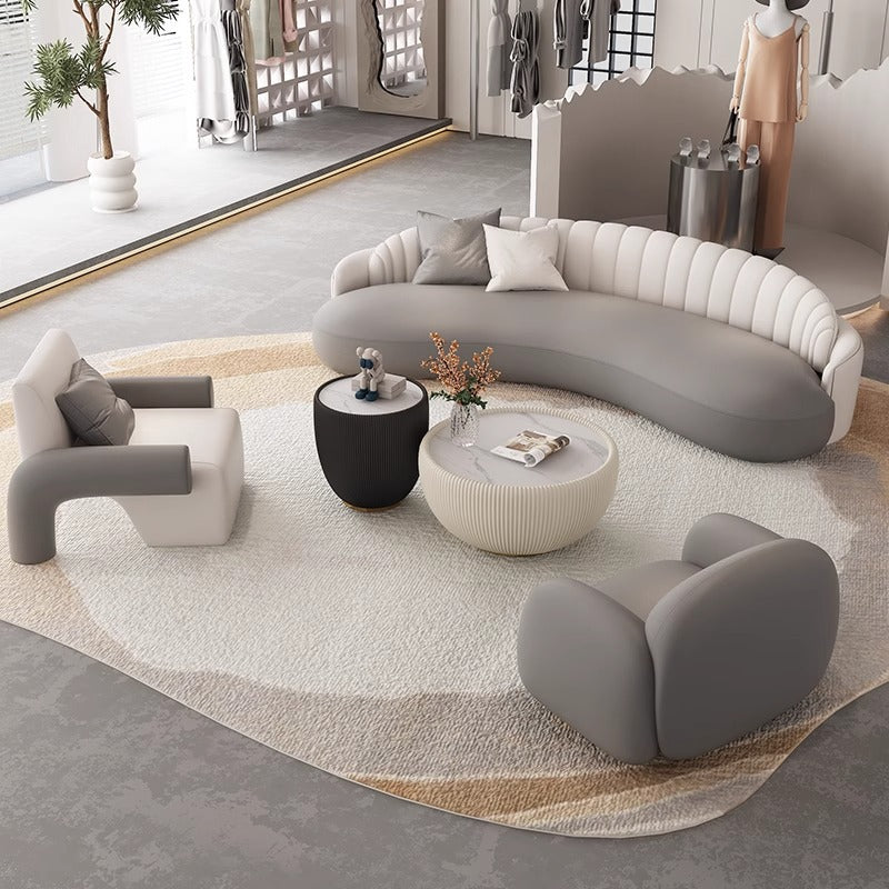 Luxury office reception area lounge hotel lobby front desk minimalist modern curved leather sofa