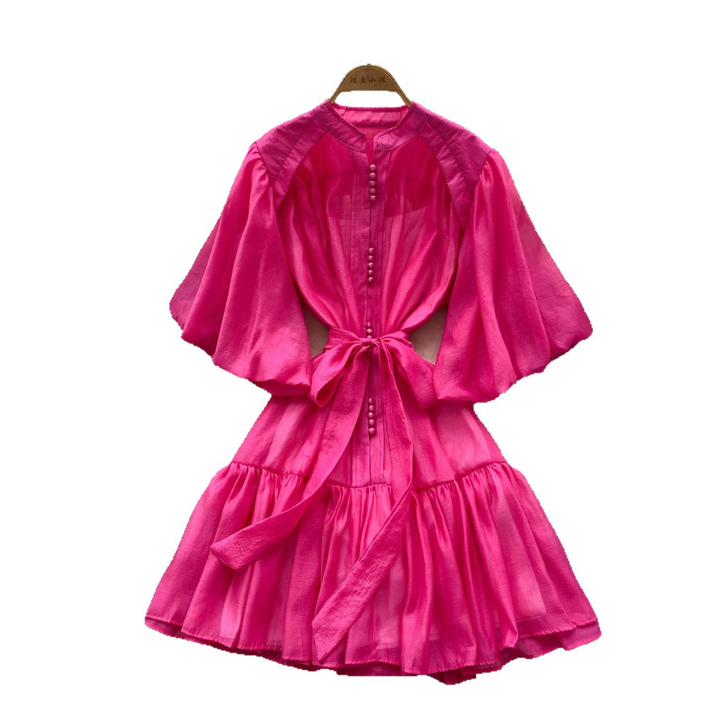 French retro bubble sleeve shirt dress with tie-waist and tulle detail – a unique and exquisite mid-length dress