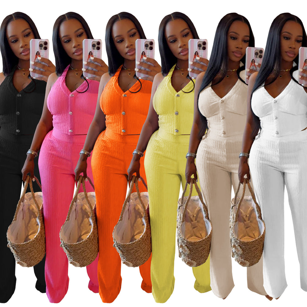 C7461 cross-border   fashion women's casual halter tie-neck top and pants two-piece set