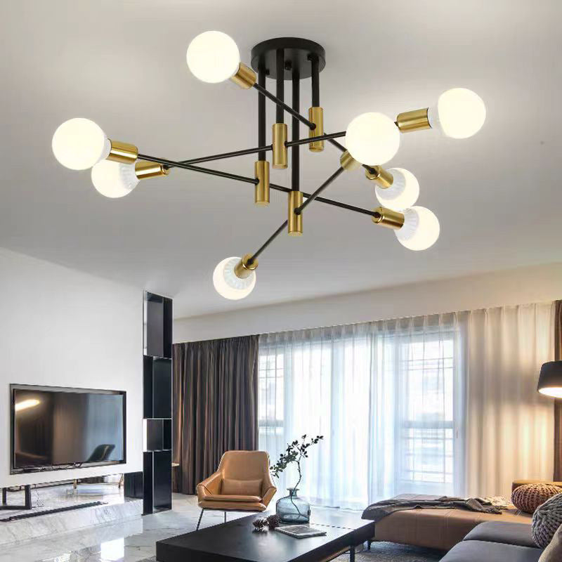 Nordic black gold 8-light linear ceiling light, modern minimalist iron art living room bedroom creative cross branch pendant lamp