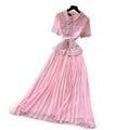 French chic red lapel lace patchwork dress - women's summer high-end commute elegance pleated skirt