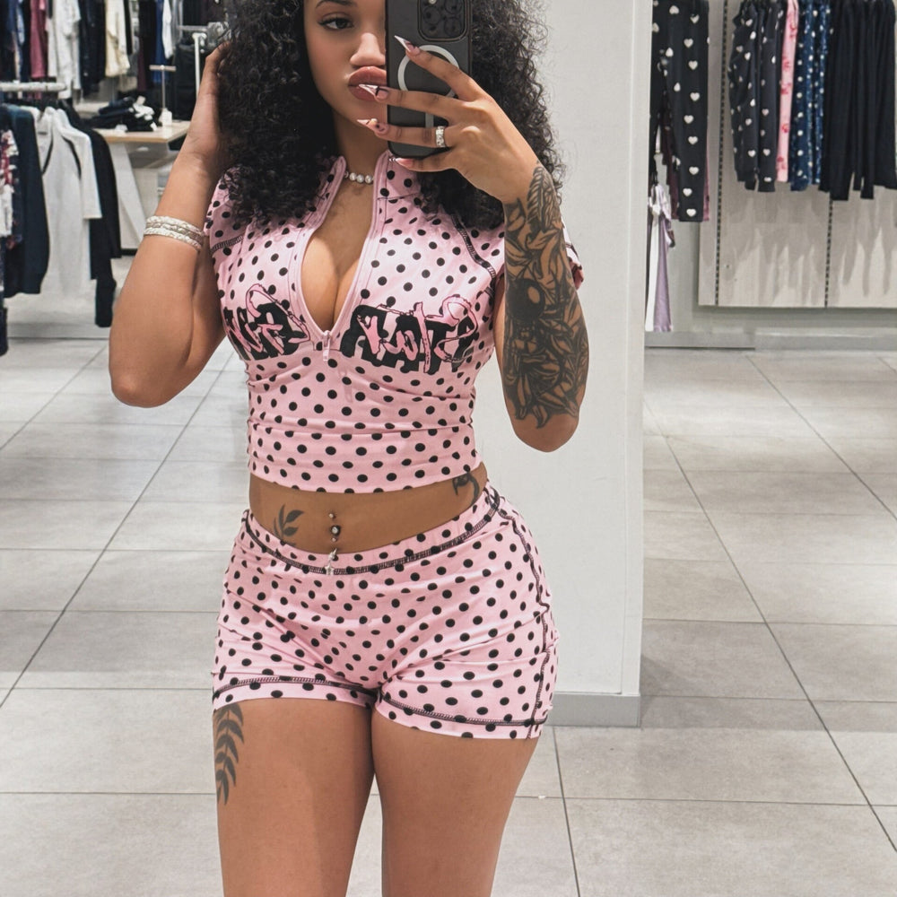 New arrival: women's polka dot print activewear set - ins style sporty casual short sleeve zip-up top and shorts outfit