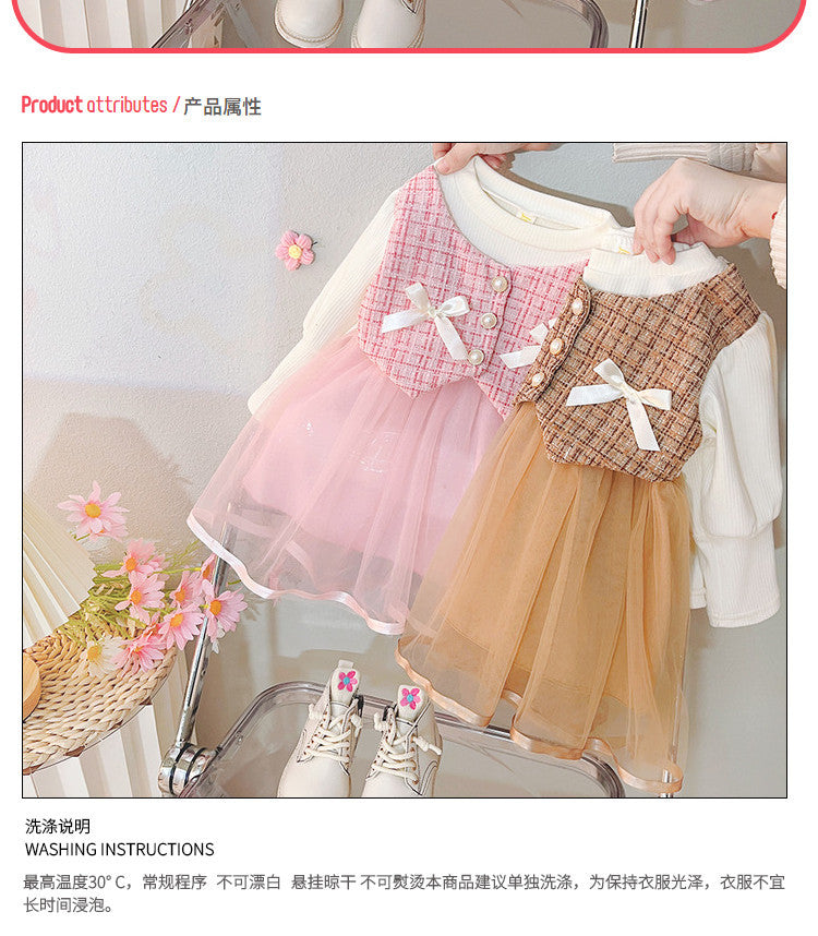 Baby girl dress spring new style little girl fashionable chic spring and autumn girl sweet tulle dress long sleeve dress