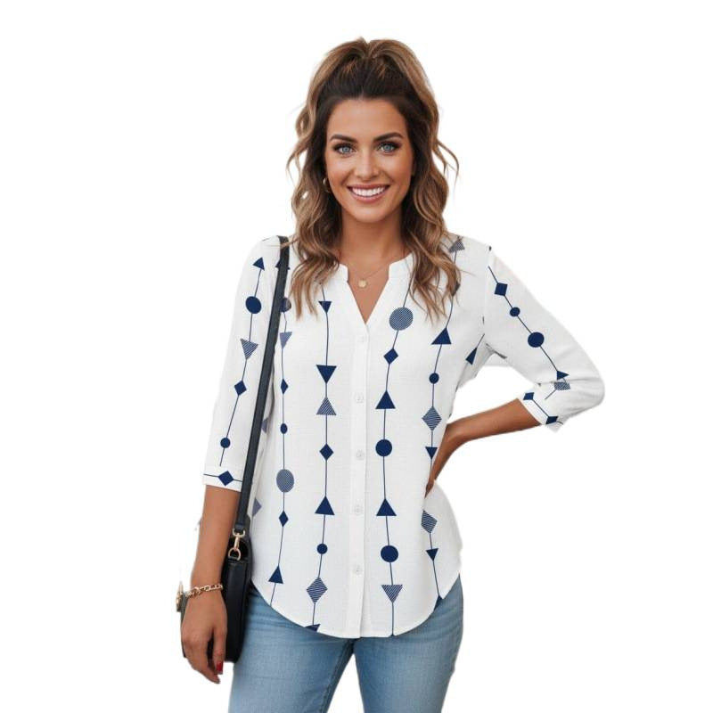 Amazon european goods  summer button-down shirt, three-quarter sleeve v-neck blouse, fashionable casual loose top