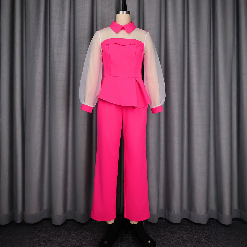 Autumnew arrival color matching casualtwo-piece set work clothing mesh patchwork lapel waist rufflestopsstraight-leg pants